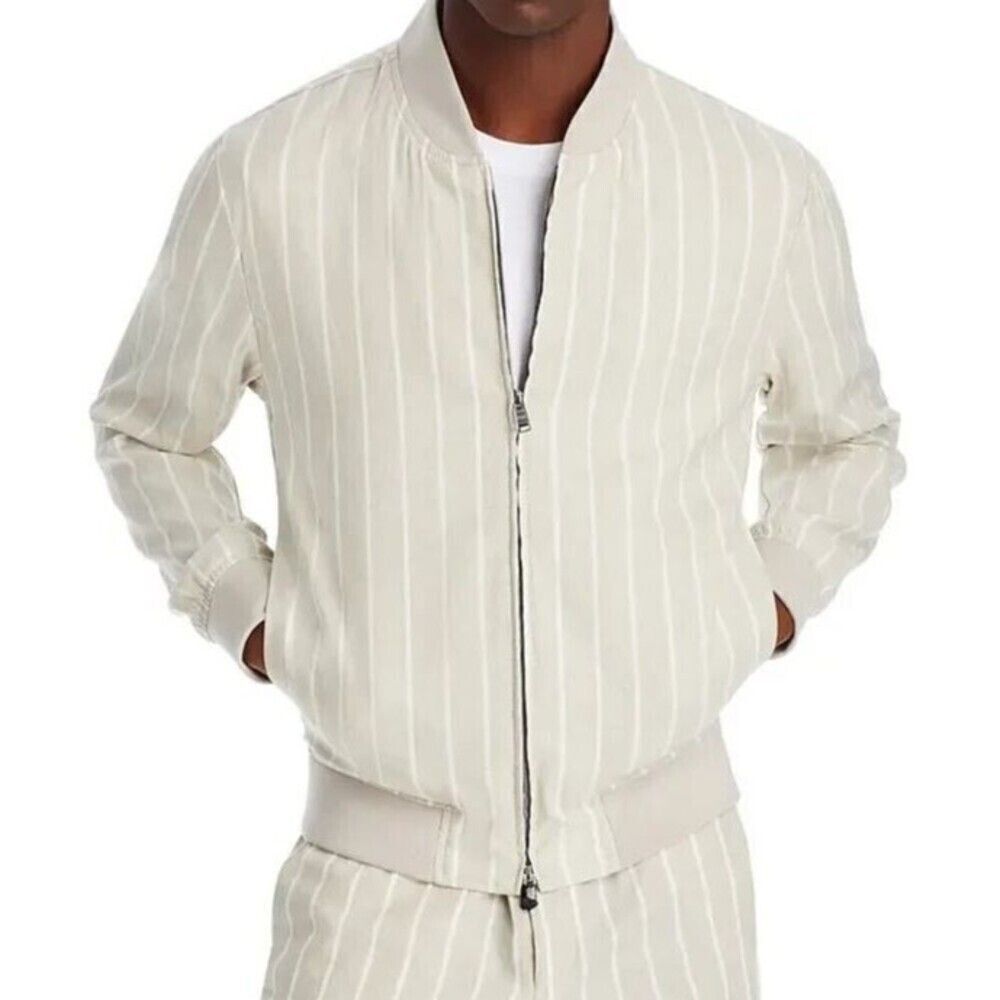 HUGO BOSS Bomber Jacket Mens Size 44 R Tan Stripe Slim Fit Linen HANRY $595